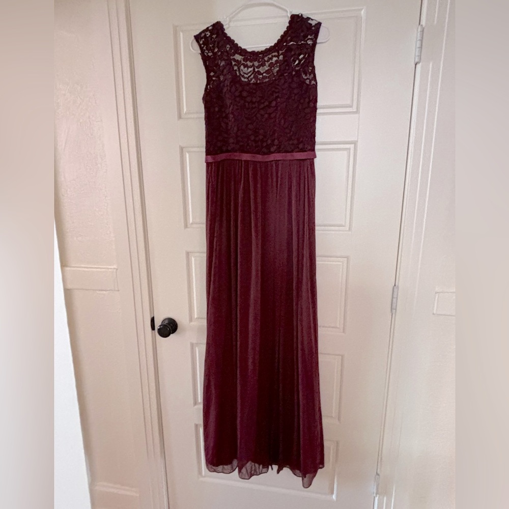 Burgundy David’s Bridal lace and tulle bridesmaid dress